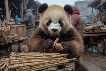 A panda engrossed in engaging with bamboo-based tasks amid a busy market environment, highlighting...