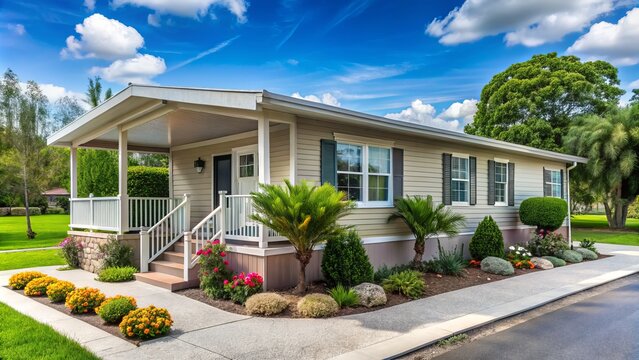 Pristine modern manufactured home situated in a serene residential neighborhood, boasting stunning landscaping and a