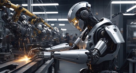 Fototapeta premium A futuristic metropolis where humans and robots live side by side, Industrial robot works automatically in smart autonomous factory, Engineer check and control welding robotics automatic arms machine 