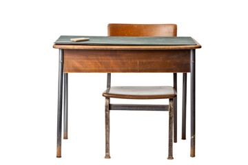 Vintage school desk with an ink pen, isolated on white background