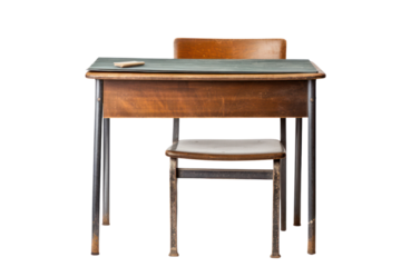 Vintage school desk with an ink pen, isolated on white background