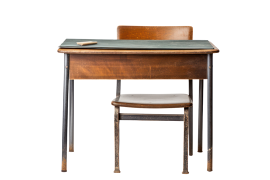 Vintage school desk with an ink pen, isolated on white background