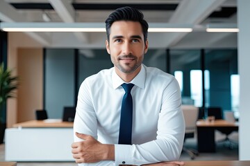 Fototapeta premium Optimistic 45-Year-Old Entrepreneur Overlooking Future in Modern Office Setting
