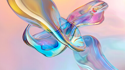 Holographic pearlescent curved wave in motion. Transparent glassmorphism 3D design element. Abstract background with trendy iridescent effect