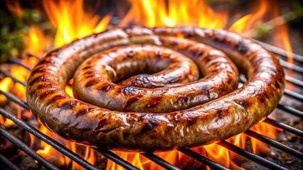 Cinematic image of Boerewors sausage sizzling on a traditional South African braai, south african, boerewors, sausage, sizzle