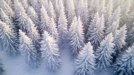 Aerial View of Snow Covered Pine Trees in Winter
