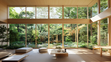 Fototapeta premium A serene room with large windows provides a stunning view of a lush, green forest, creating a tranquil and harmonious atmosphere.