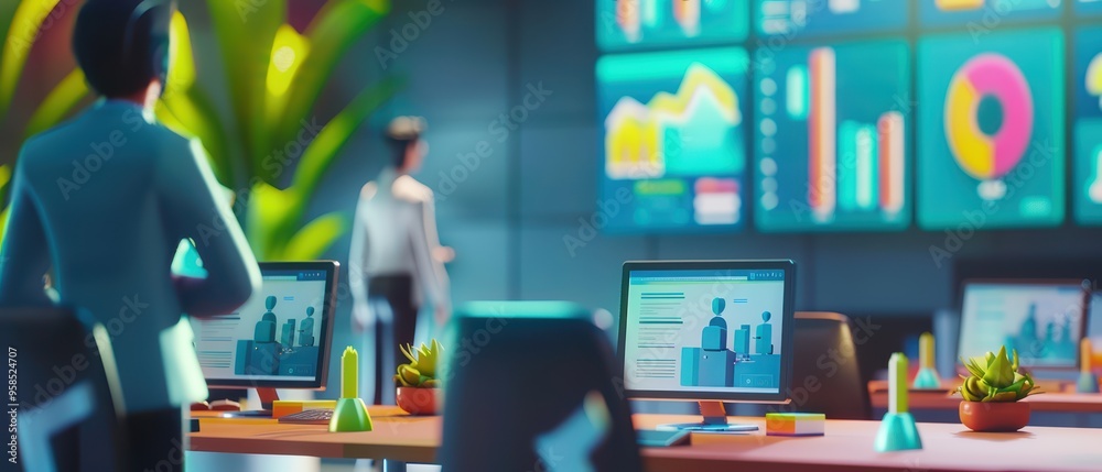 Poster a modern office setting with digital screens displaying data analytics and charts, showcasing teamwo