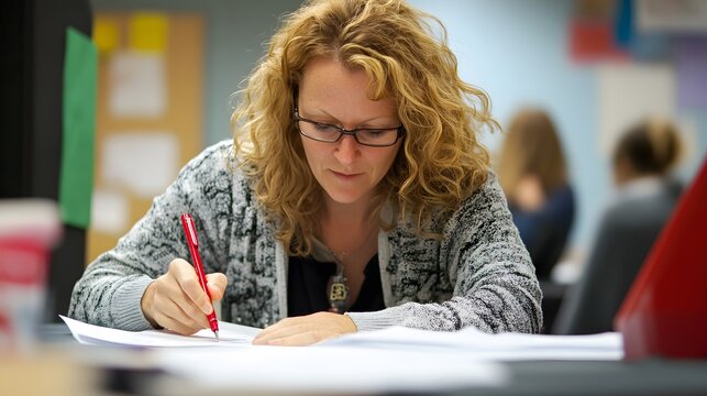 27. A teacher reviewing student essays with red pens and marking sheets