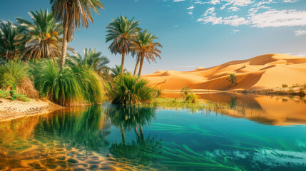 Serene Desert Oasis with Sand Dunes Reflection