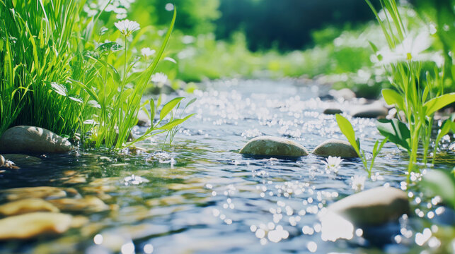 A serene stream flows gently through lush grass and wildflowers, with sunlight shimmering on the water and creating a tranquil, picturesque scene.
