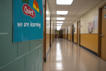 A hallway in a school featuring a "Quiet we are learning" sign on the wall. A peaceful, empty corridor with doors to classrooms, suggesting a calm and focused learning environment.