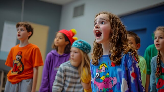 38. Students performing a skit with costumes and props in a drama class