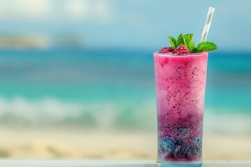 A refreshing berry smoothie adorned with mint leaves, perfect for summer enjoyment by the beach.