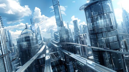 A futuristic city skyline with elevated highways and sleek buildings.