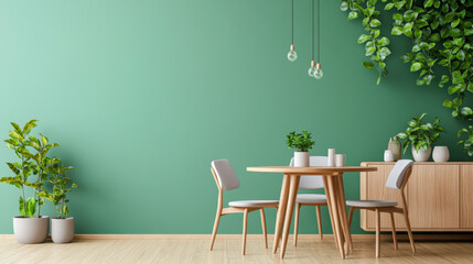 A serene dining area with minimalistic furniture, green accents, hanging lights, and lush indoor plants against a calming green wall. Perfect for a relaxed, natural ambiance.