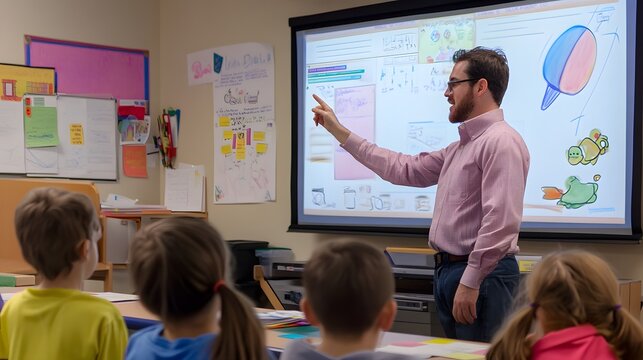 43. A teacher demonstrating how to use a smartboard for interactive lessons