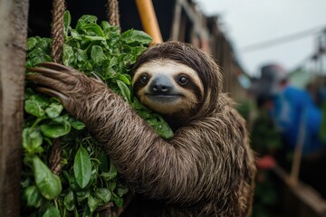 Naklejka premium A close-up view of a sloth with a content expression hugging and comfortably interacting with leafy greens, showing the animal's characteristic calm and slow nature within a natural setting.