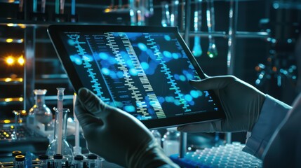 A scientist analyzes data on a tablet in a laboratory, surrounded by test tubes and scientific equipment, showcasing advanced technology.