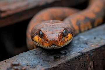 Fototapeta premium A brown and orange snake with distinct scales lies on a rusty metal surface, providing a captivating visual interplay between the reptile and the industrial setting.