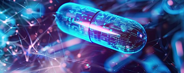 Futuristic capsule with neon glow, representing advanced medicine and technology in a digital landscape.