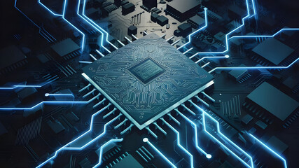 High-Tech CPU Chip on Circuit Board. Close-up view of a modern CPU chip positioned on a complex circuit board.