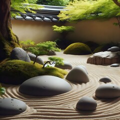 Zen Garden with Smooth Stones and Raked Sand
