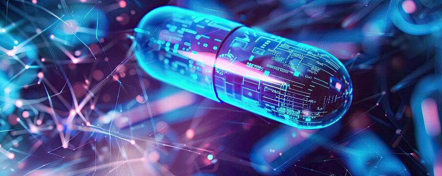 Futuristic capsule with neon glow, representing advanced medicine and technology in a digital landscape.