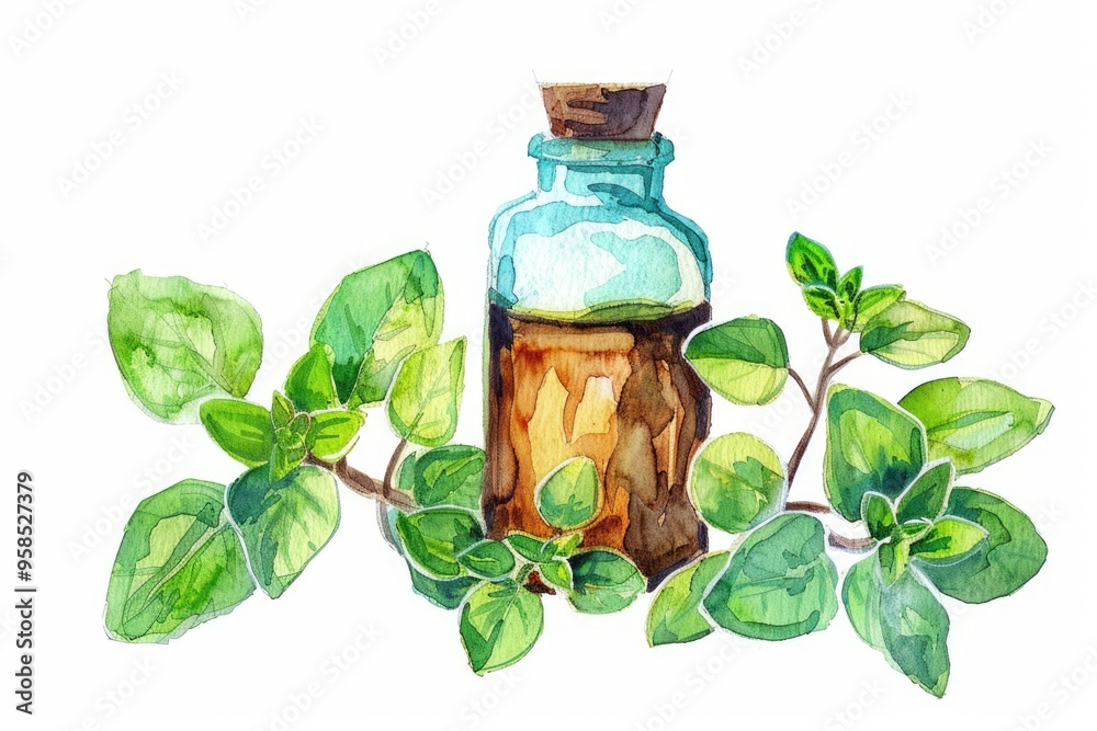 Sticker Organic Marjoram Oil. Watercolor Illustration of Fresh Herb and Essential Oil Bottle