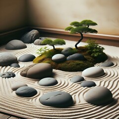 Zen Garden with Smooth Stones and Raked Sand