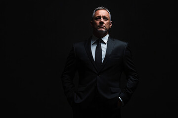 Fototapeta premium A stern-looking man in a dark suit standing confidently against a black background exuding strength and determination