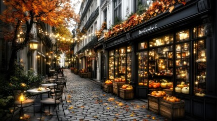 Golden autumn hues illuminate the streets of an old European city, adorned with pumpkins, fairy...