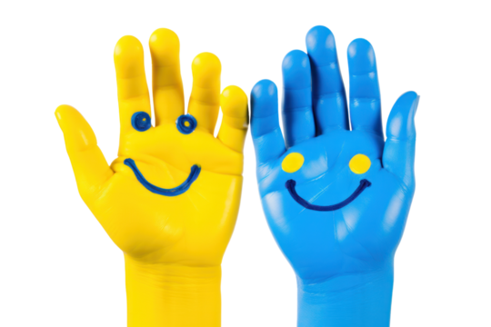 Pair of hands painted with happy smiley faces, isolated on white background