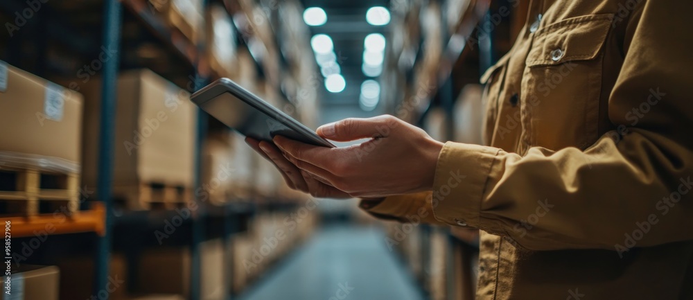 Sticker Warehouse Worker Using Tablet