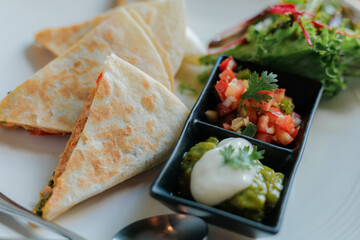Chicken quessadilla with tomato salsa and avocado guacamole