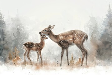 Obraz premium A serene watercolor illustration of a mother deer and her fawn in a misty forest, capturing a moment of tenderness in nature.