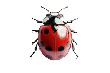 A close-up image of a vibrant red ladybug with black spots on a white background, highlighting its intricate details and glossy appearance.