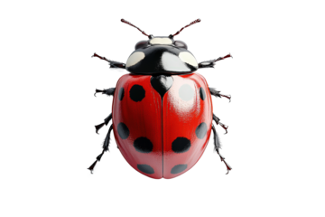 A close-up image of a vibrant red ladybug with black spots on a white background, highlighting its intricate details and glossy appearance.