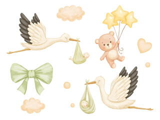 Watercolor stork carries newborn and cute baby bear with balloon. Cute hand drawn illustrations set isolated on white background