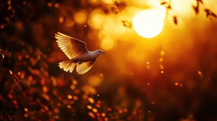 A beautiful bird in flight at sunset, surrounded by warm golden hues, capturing the essence of freedom and tranquility.
