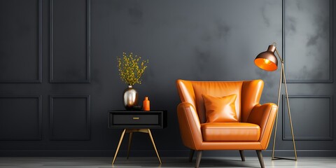 Luxurious accent chair in wicker with an orange cushion, a large mirror on the wall above a side table with a white vase and a gold lamp, modern home decor, interior design photography.