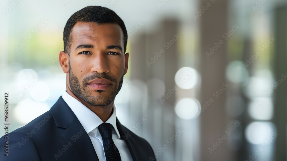 Wall mural a black man in a suit looks directly at the camera with a serious expression.