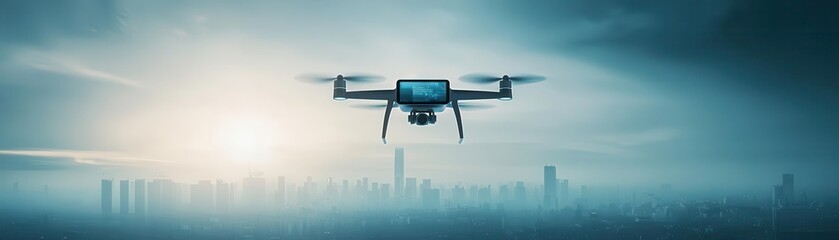 Automated security drone, holographic interface, futuristic cityscape, advanced monitoring
