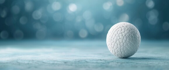 A white ball is sitting on a blue surface