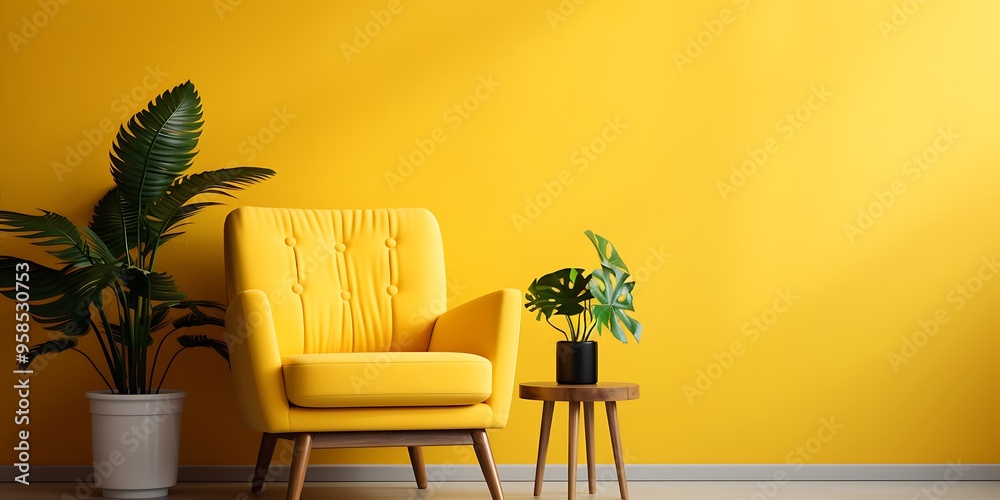 Canvas Prints minimalist interior design of a modern living room with a yellow wall, wooden floor, and an armchair