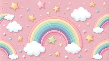 Soften the setting with pastel rainbow clouds and twinkling white stars against a baby pink backdrop, filling the