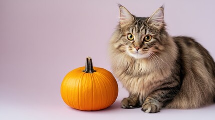 Norwegian Forest cat sitting next to a pumpkin with a light pink background