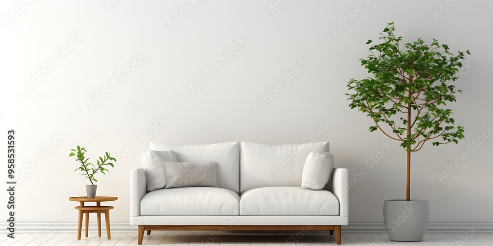 Wall mural White sofa and armchair on a white background, minimalist interior design of a modern living room with copy space for your product or text.Generative Ai content