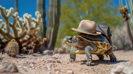 A whimsical tortoise wearing a hat, exploring a desert landscape surrounded by cacti and rocky terrain.