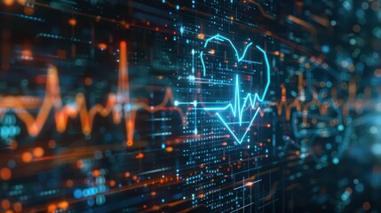 Abstract digital design featuring a heart rate line and glowing elements, symbolizing health, technology, and data monitoring.